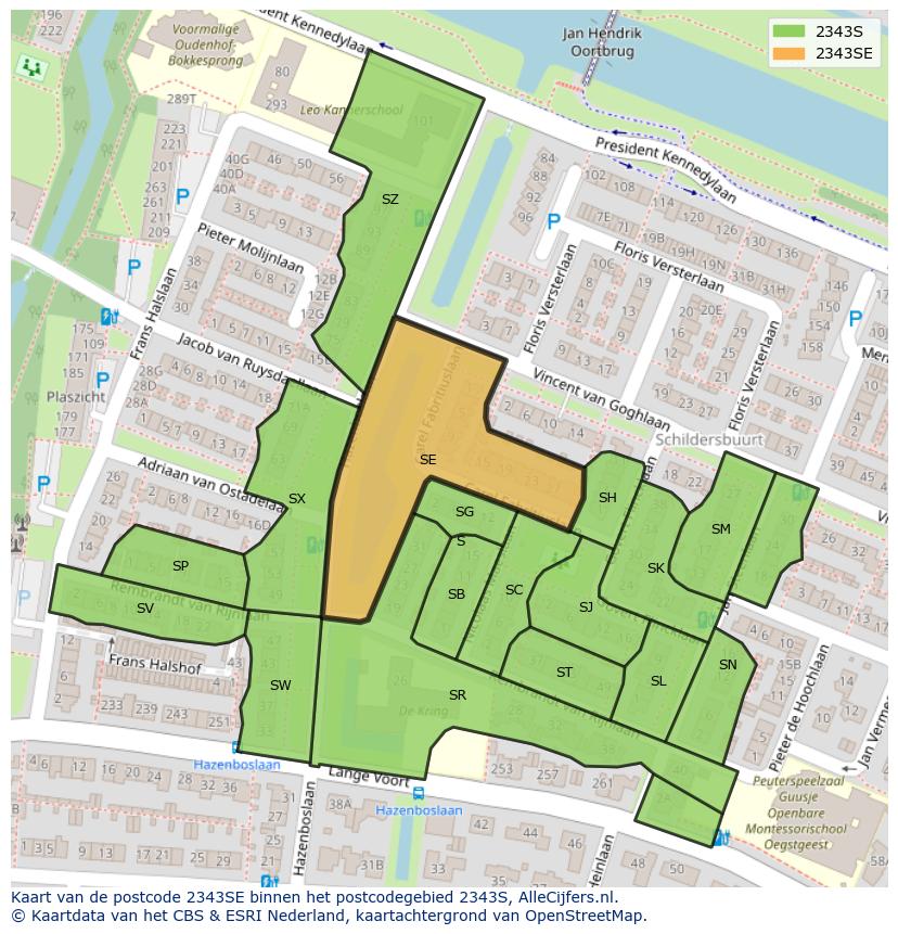 Afbeelding van het postcodegebied 2343 SE op de kaart.