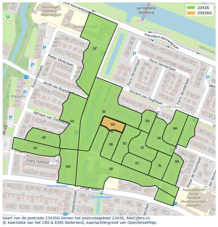 Afbeelding van het postcodegebied 2343 SG op de kaart.