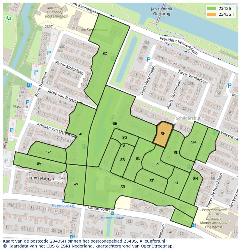 Afbeelding van het postcodegebied 2343 SH op de kaart.