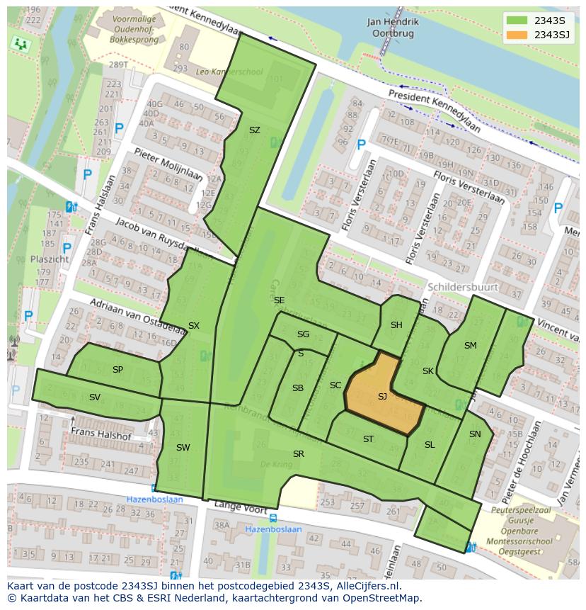 Afbeelding van het postcodegebied 2343 SJ op de kaart.
