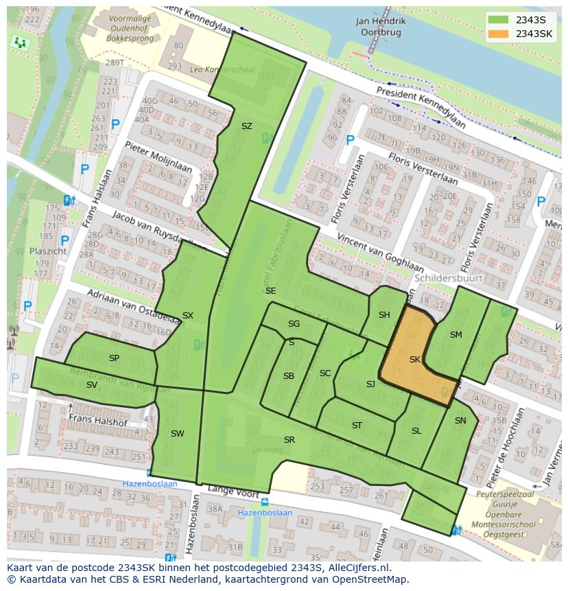 Afbeelding van het postcodegebied 2343 SK op de kaart.
