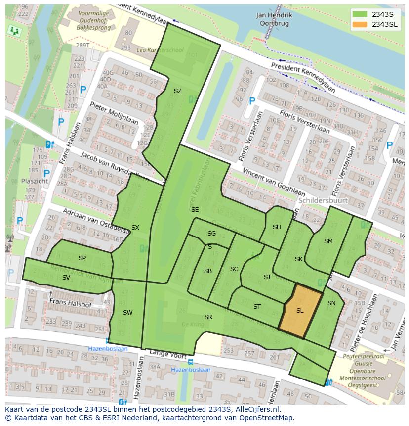 Afbeelding van het postcodegebied 2343 SL op de kaart.