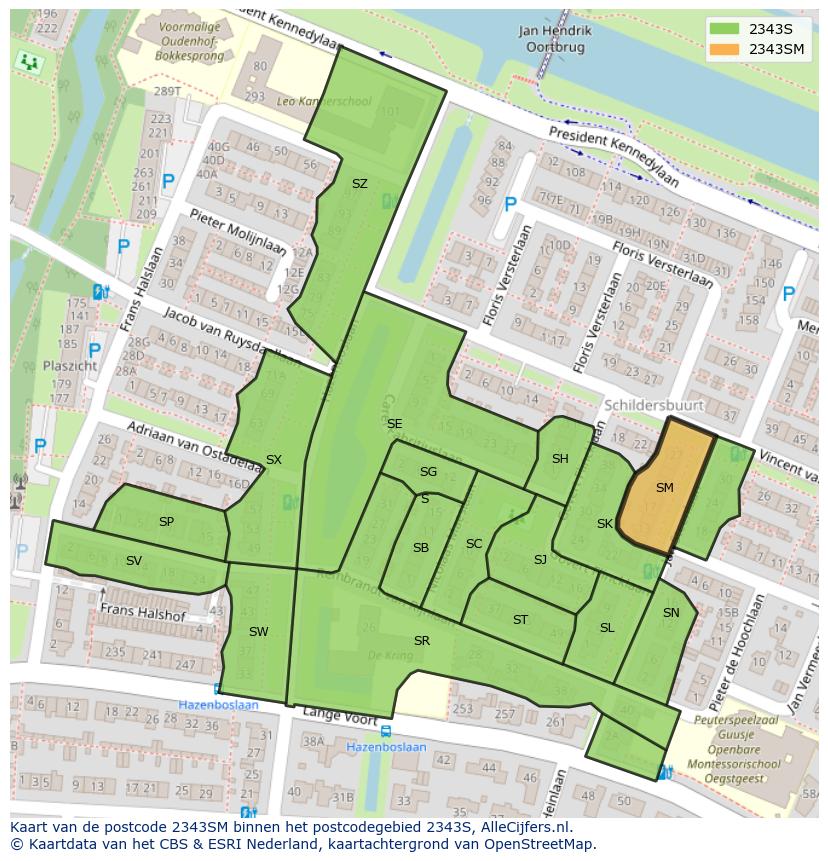 Afbeelding van het postcodegebied 2343 SM op de kaart.