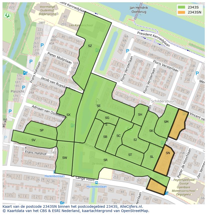 Afbeelding van het postcodegebied 2343 SN op de kaart.