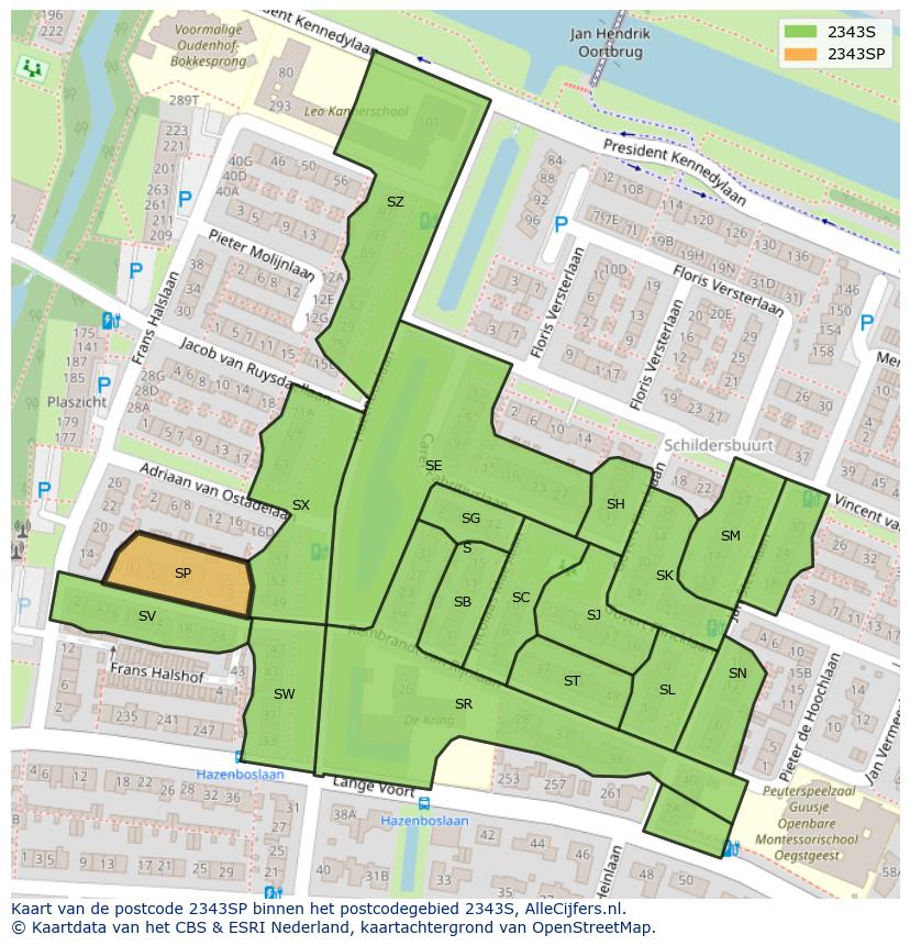 Afbeelding van het postcodegebied 2343 SP op de kaart.