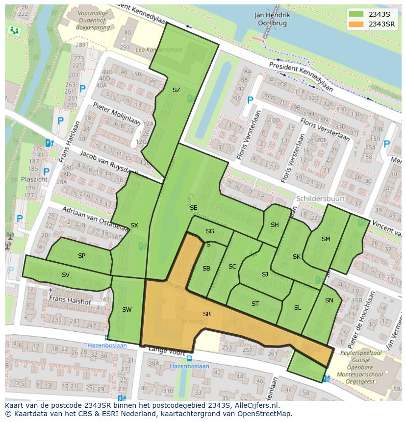 Afbeelding van het postcodegebied 2343 SR op de kaart.