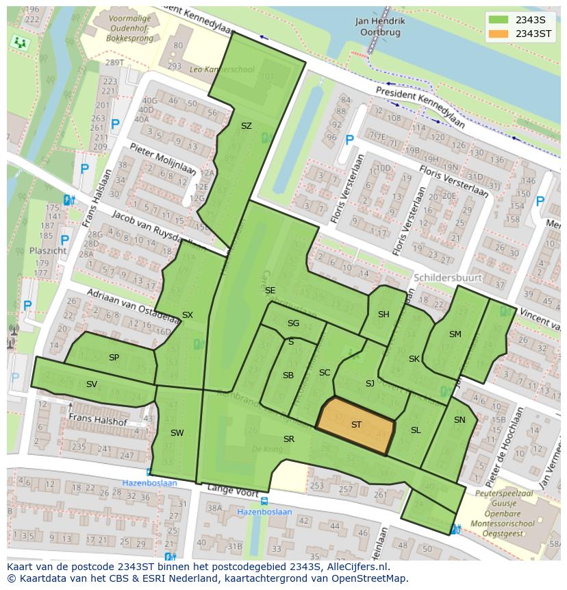 Afbeelding van het postcodegebied 2343 ST op de kaart.