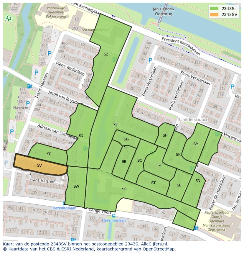 Afbeelding van het postcodegebied 2343 SV op de kaart.