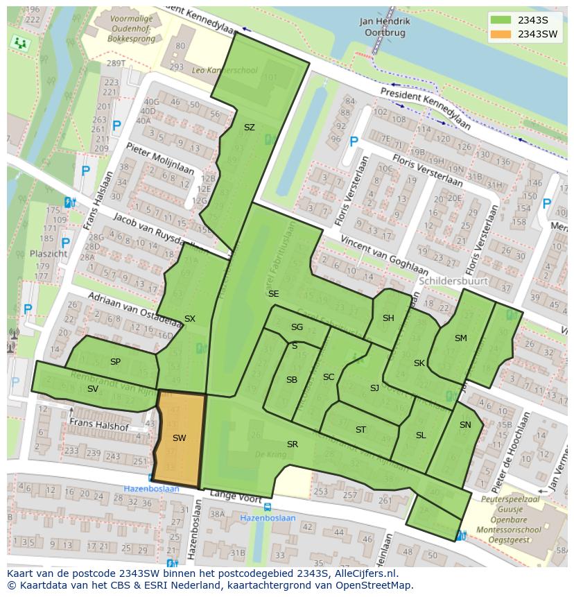 Afbeelding van het postcodegebied 2343 SW op de kaart.