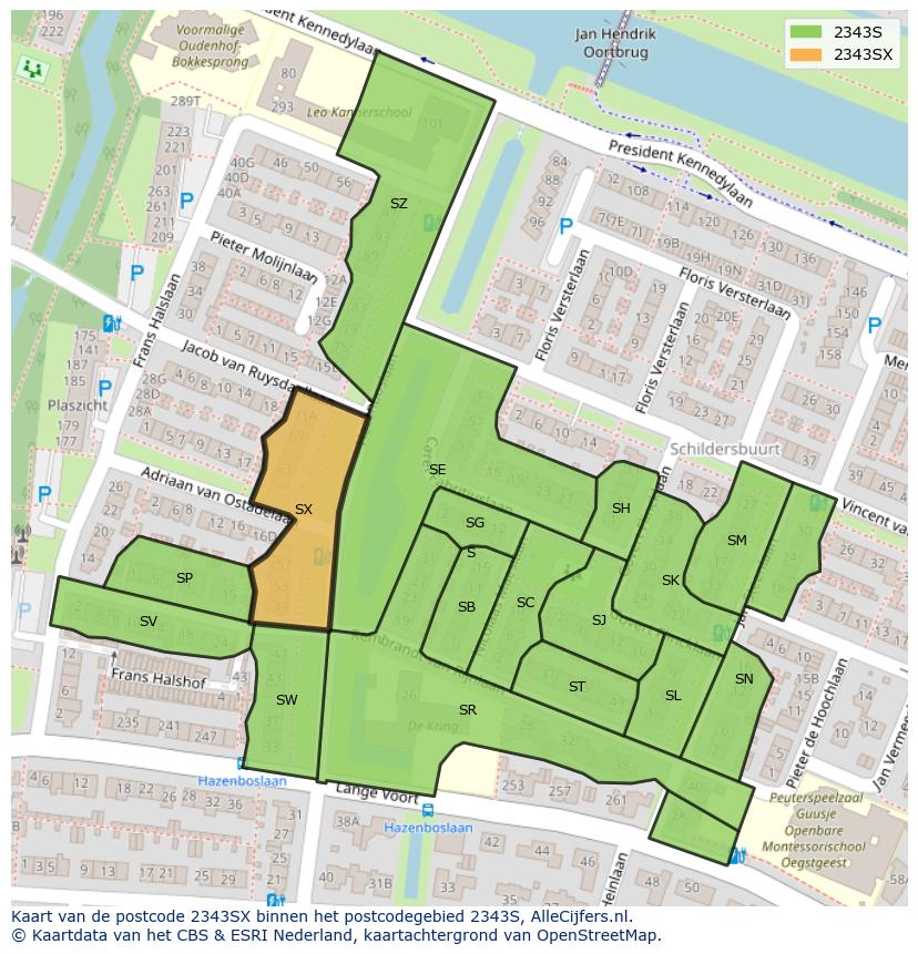Afbeelding van het postcodegebied 2343 SX op de kaart.
