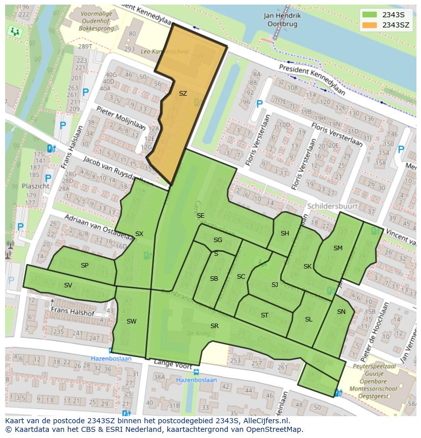 Afbeelding van het postcodegebied 2343 SZ op de kaart.