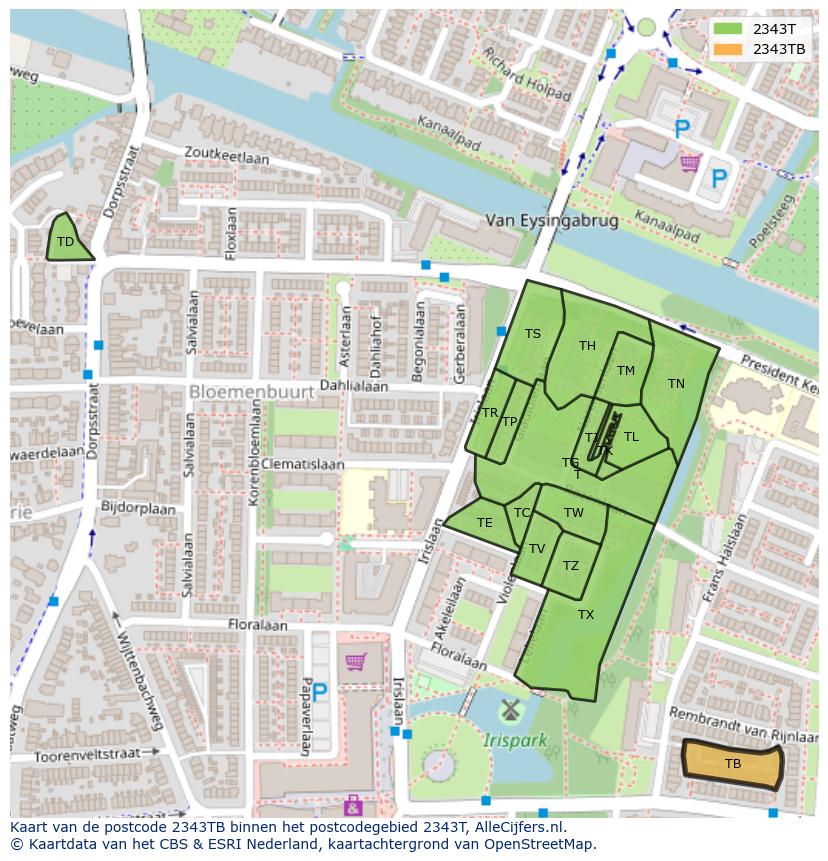 Afbeelding van het postcodegebied 2343 TB op de kaart.