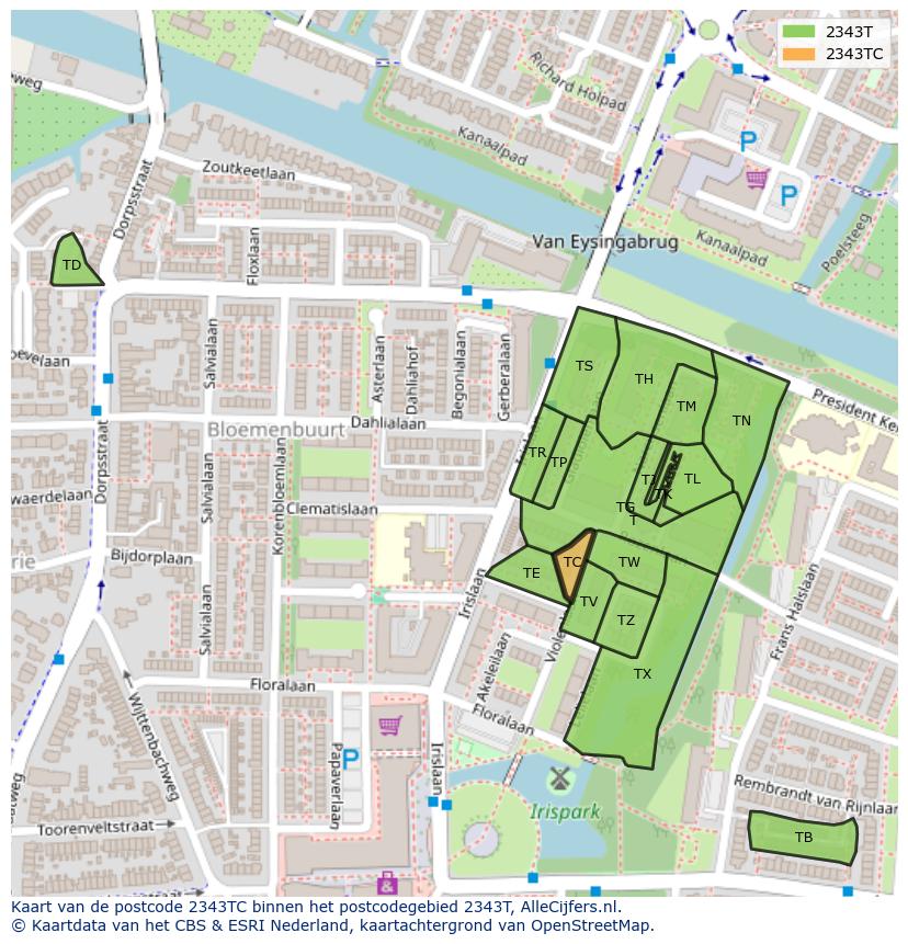 Afbeelding van het postcodegebied 2343 TC op de kaart.