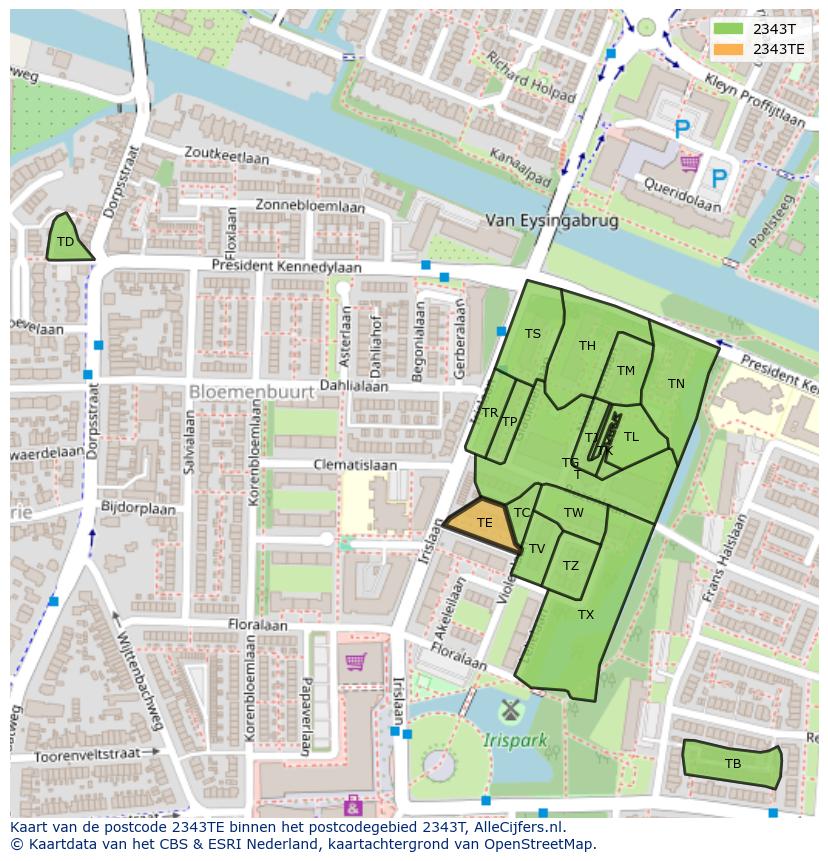 Afbeelding van het postcodegebied 2343 TE op de kaart.