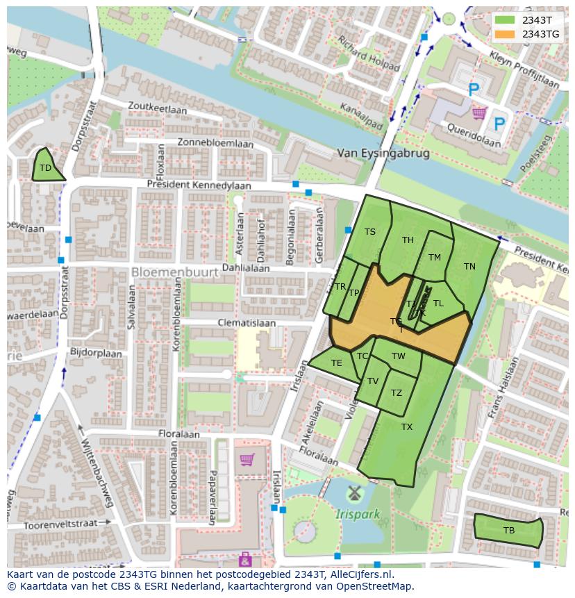 Afbeelding van het postcodegebied 2343 TG op de kaart.