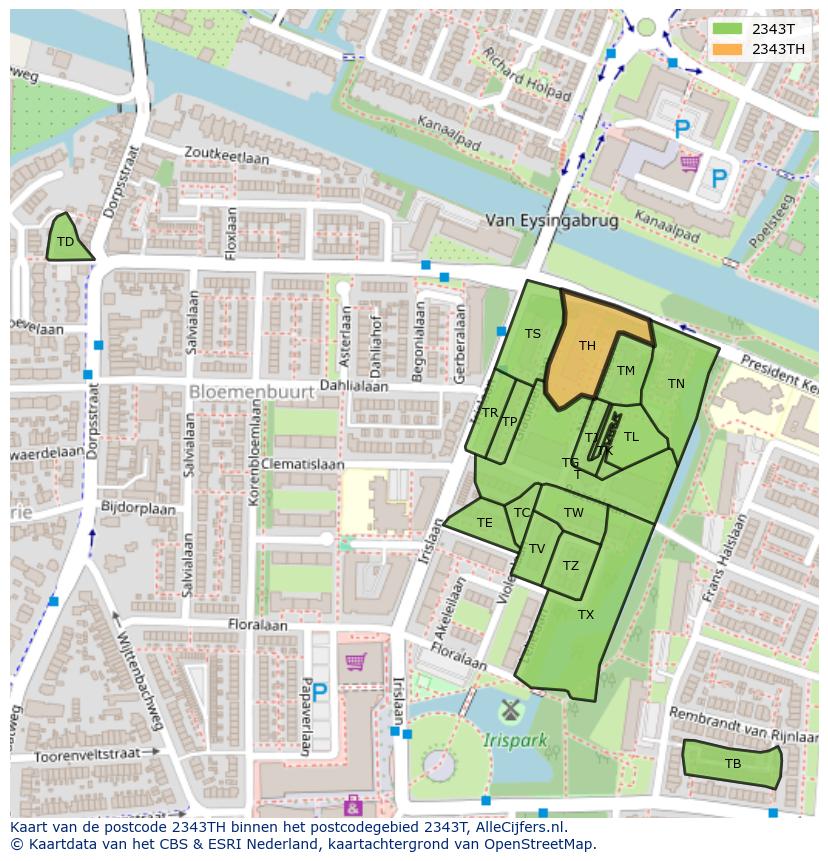 Afbeelding van het postcodegebied 2343 TH op de kaart.