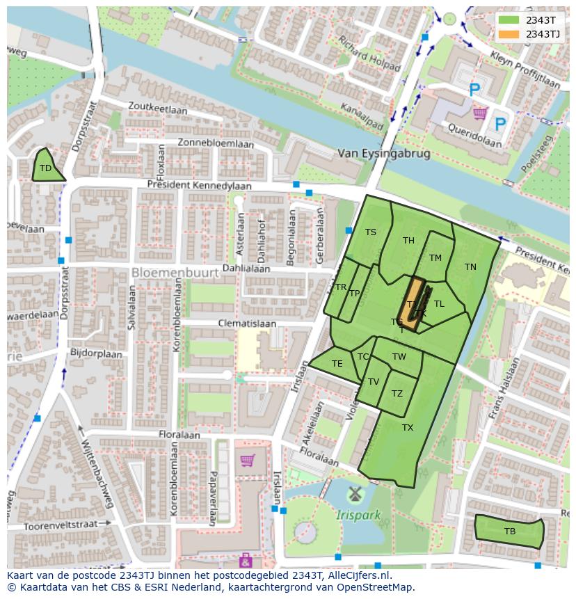 Afbeelding van het postcodegebied 2343 TJ op de kaart.