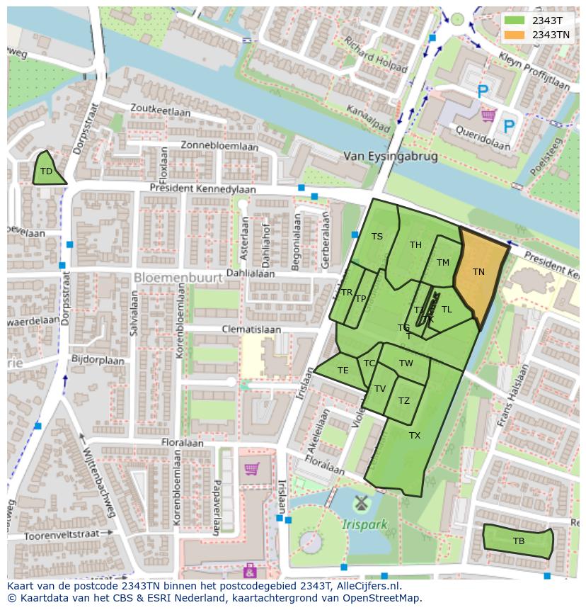 Afbeelding van het postcodegebied 2343 TN op de kaart.