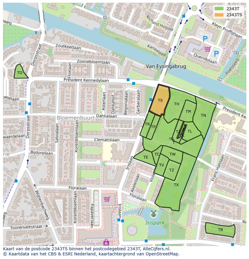 Afbeelding van het postcodegebied 2343 TS op de kaart.