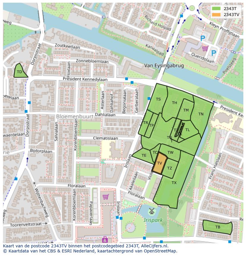 Afbeelding van het postcodegebied 2343 TV op de kaart.