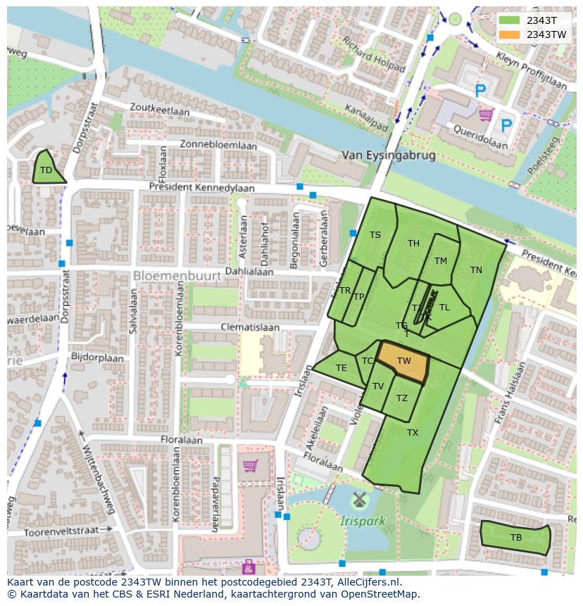 Afbeelding van het postcodegebied 2343 TW op de kaart.