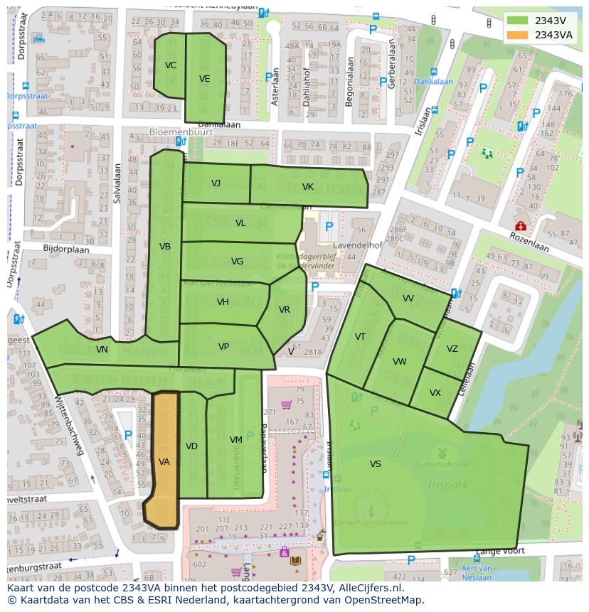 Afbeelding van het postcodegebied 2343 VA op de kaart.