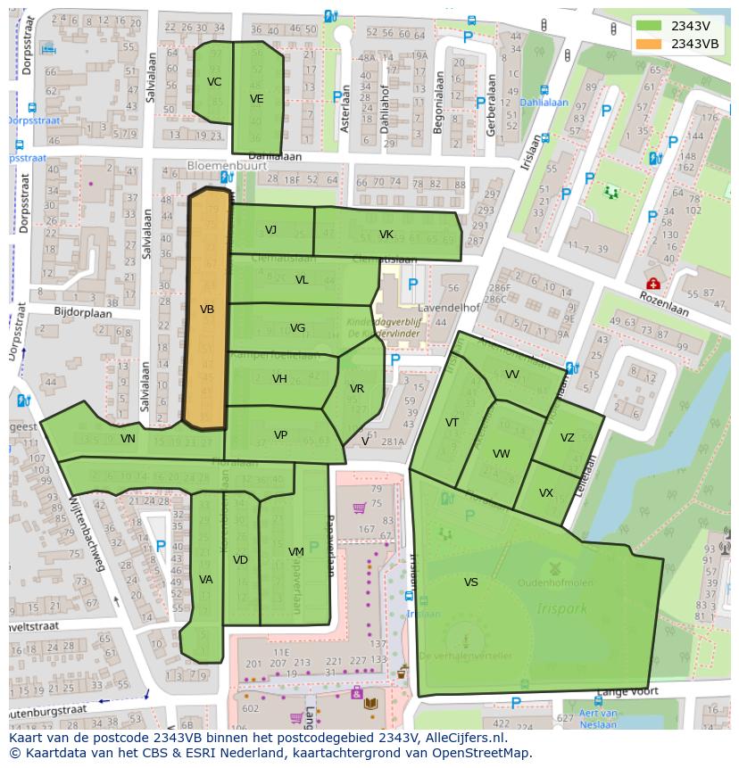 Afbeelding van het postcodegebied 2343 VB op de kaart.