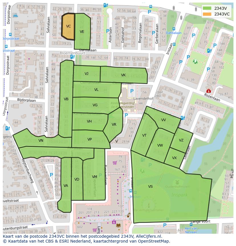 Afbeelding van het postcodegebied 2343 VC op de kaart.