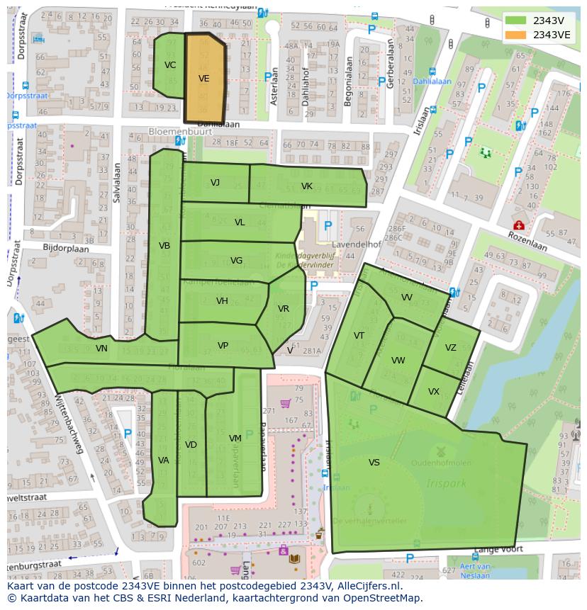 Afbeelding van het postcodegebied 2343 VE op de kaart.
