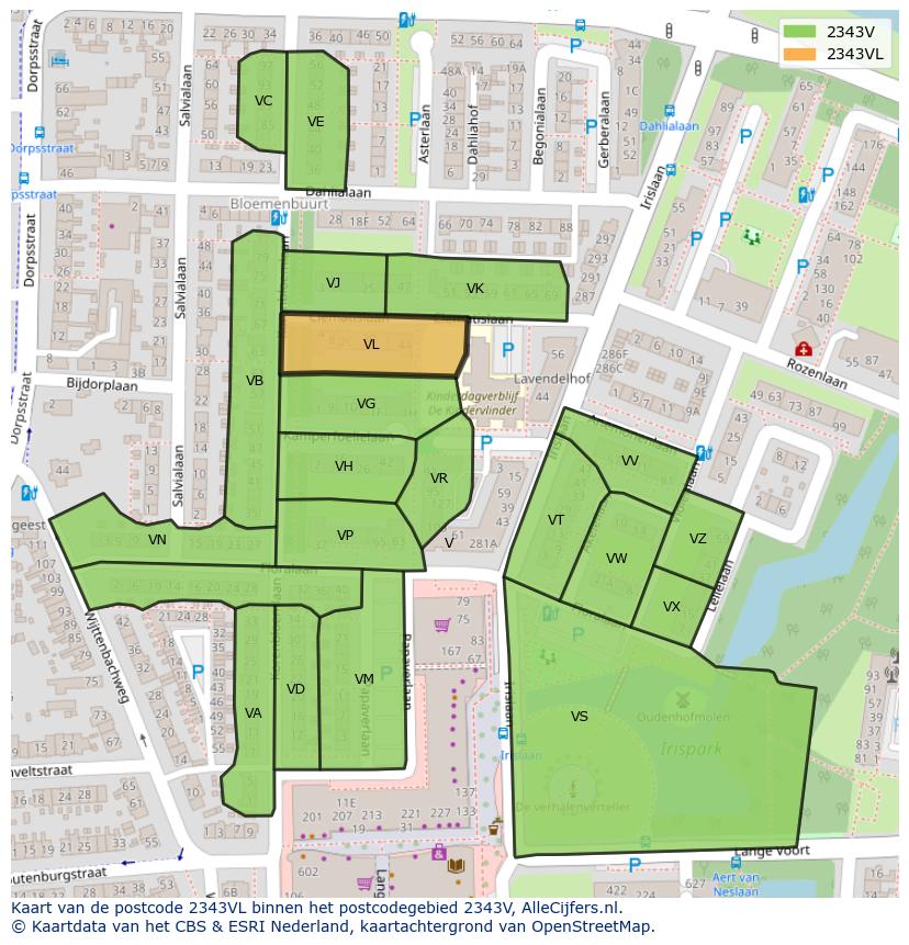 Afbeelding van het postcodegebied 2343 VL op de kaart.