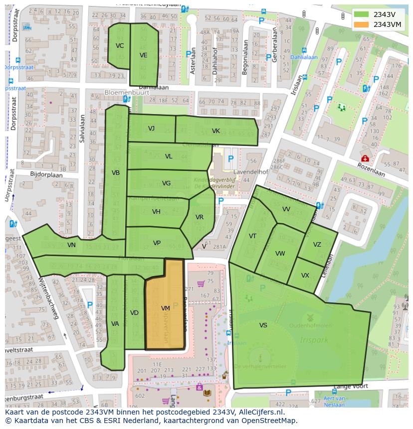 Afbeelding van het postcodegebied 2343 VM op de kaart.