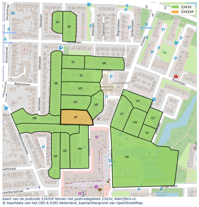 Afbeelding van het postcodegebied 2343 VP op de kaart.