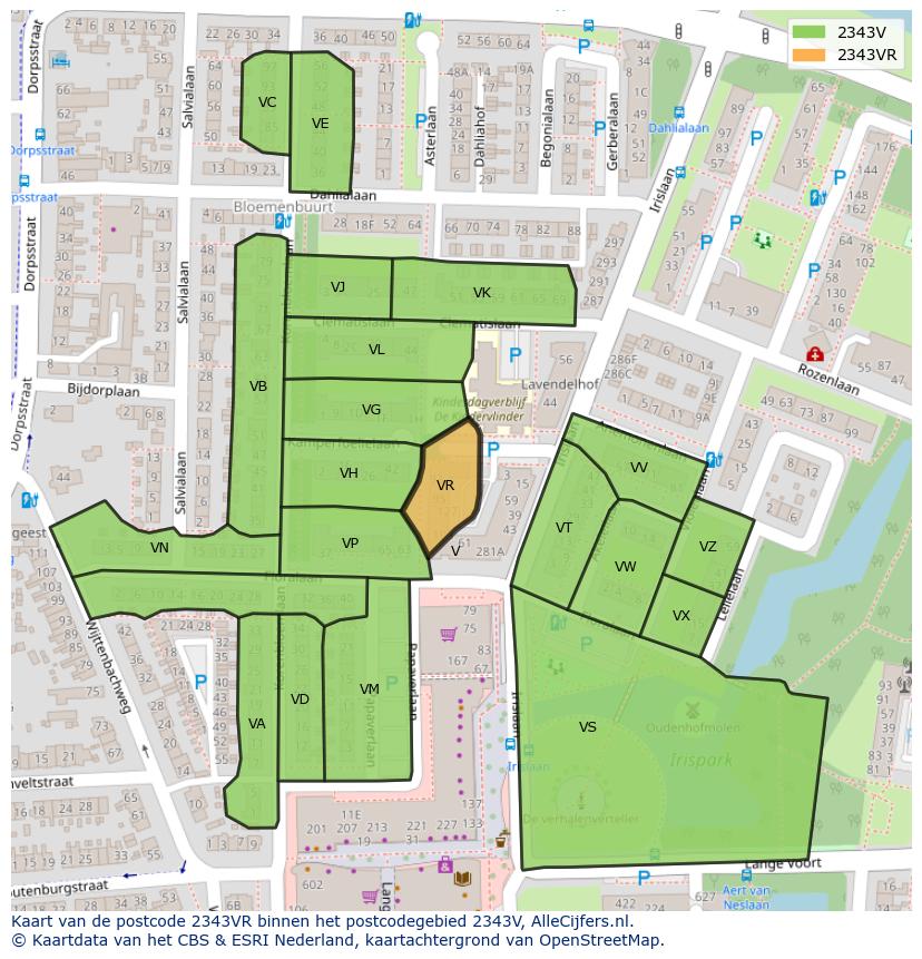 Afbeelding van het postcodegebied 2343 VR op de kaart.