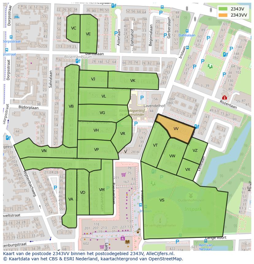 Afbeelding van het postcodegebied 2343 VV op de kaart.