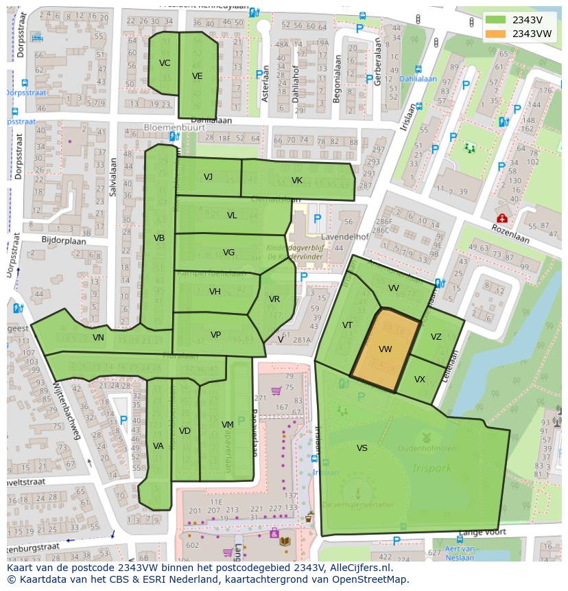 Afbeelding van het postcodegebied 2343 VW op de kaart.