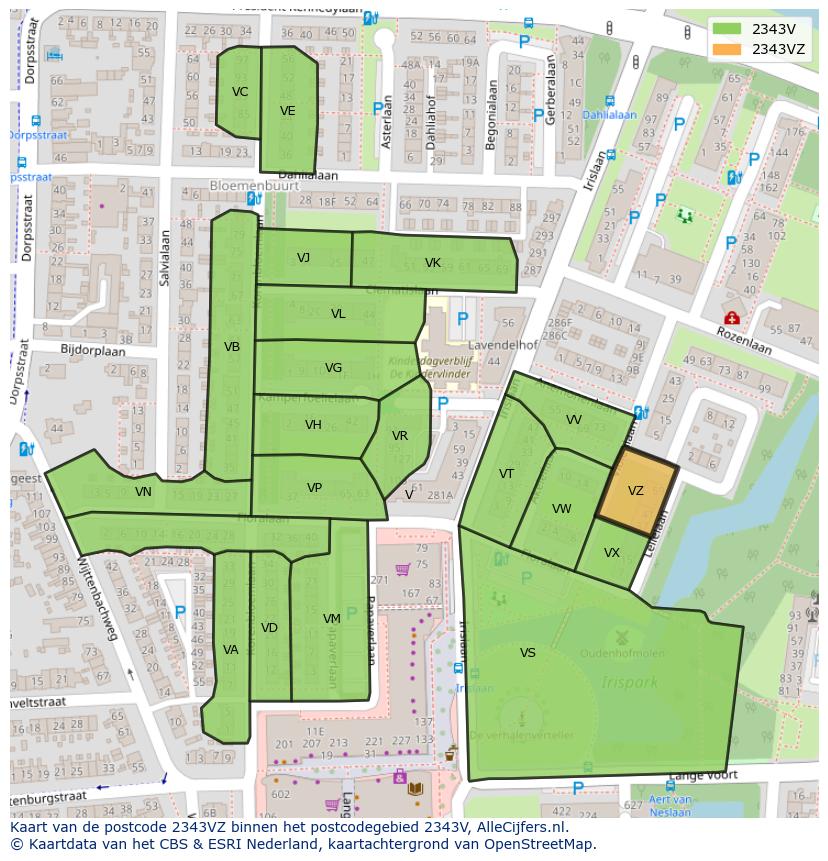 Afbeelding van het postcodegebied 2343 VZ op de kaart.