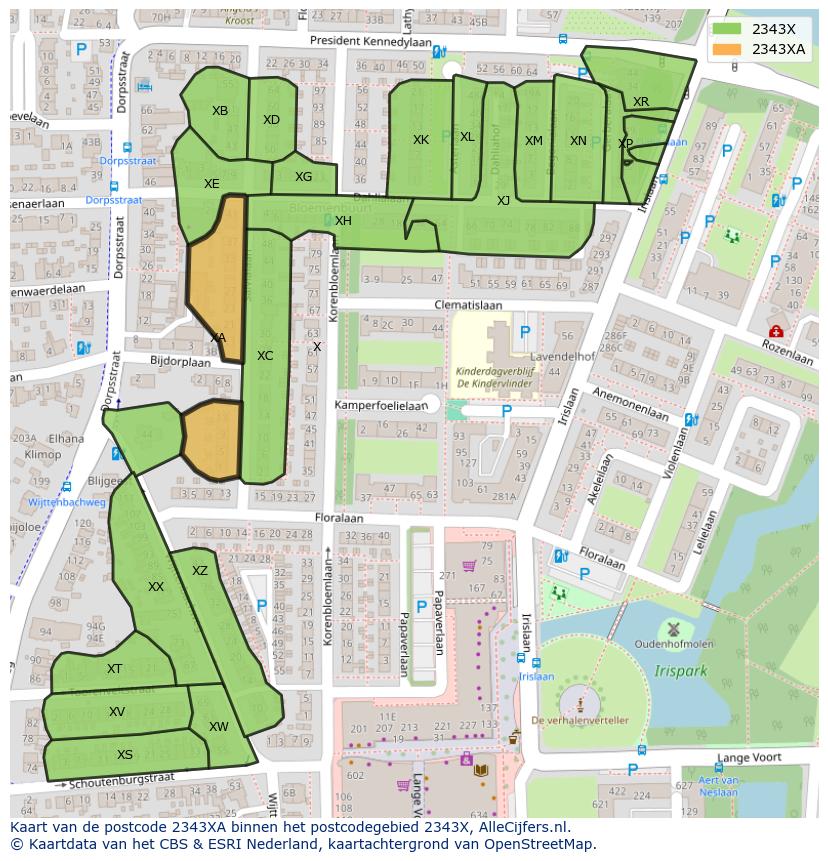 Afbeelding van het postcodegebied 2343 XA op de kaart.