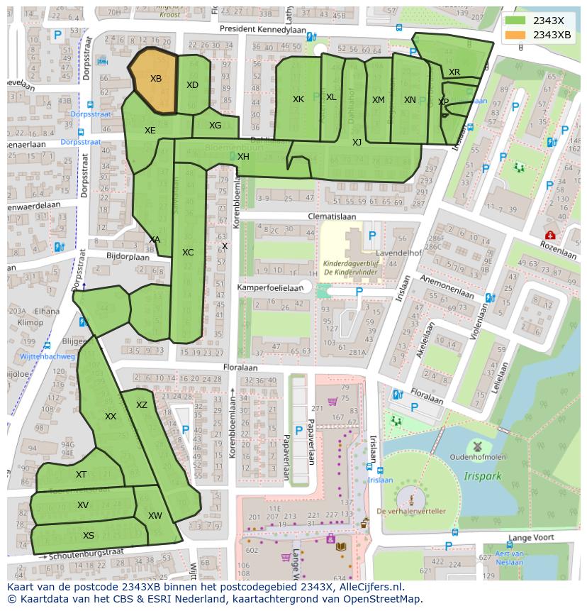 Afbeelding van het postcodegebied 2343 XB op de kaart.