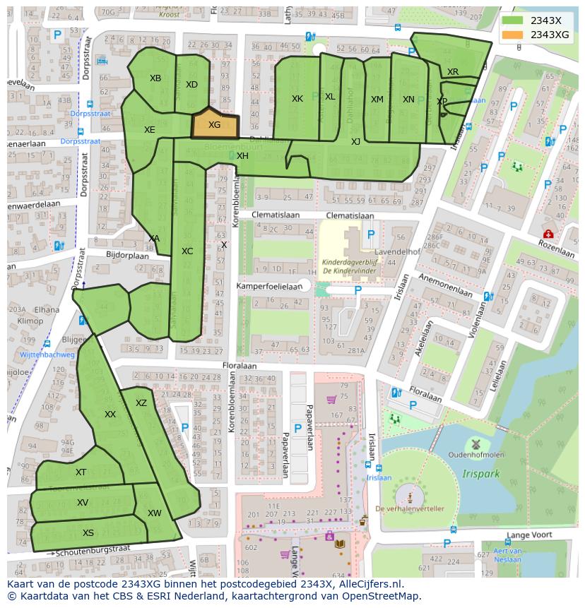 Afbeelding van het postcodegebied 2343 XG op de kaart.