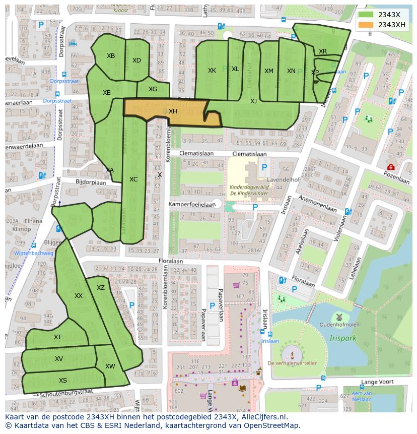 Afbeelding van het postcodegebied 2343 XH op de kaart.