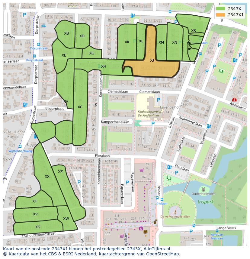 Afbeelding van het postcodegebied 2343 XJ op de kaart.