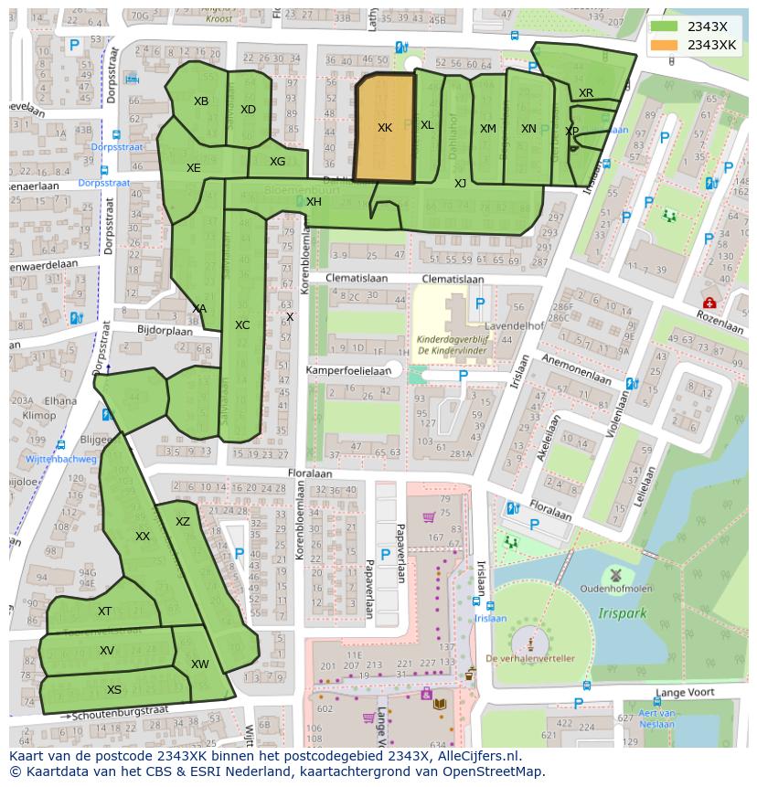 Afbeelding van het postcodegebied 2343 XK op de kaart.