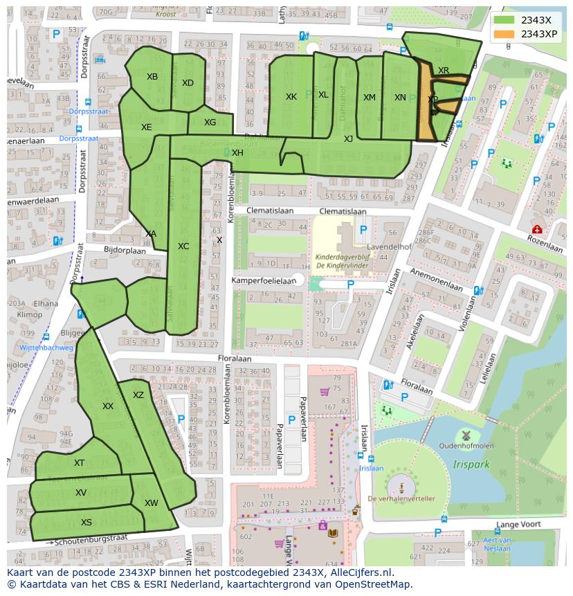Afbeelding van het postcodegebied 2343 XP op de kaart.
