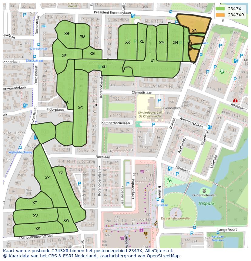 Afbeelding van het postcodegebied 2343 XR op de kaart.