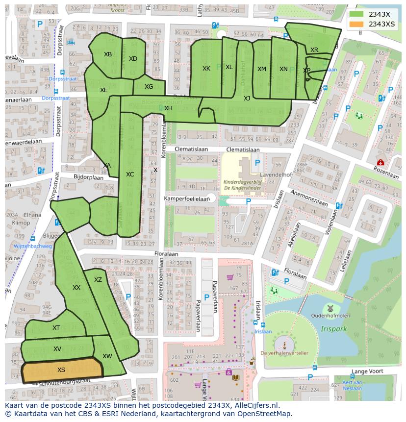 Afbeelding van het postcodegebied 2343 XS op de kaart.