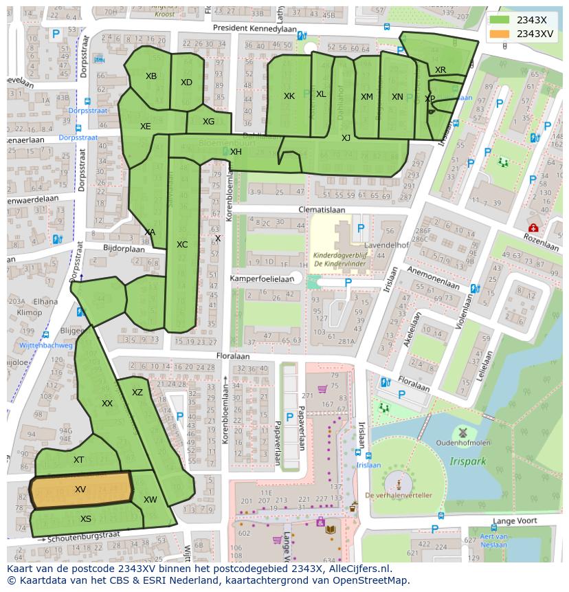Afbeelding van het postcodegebied 2343 XV op de kaart.