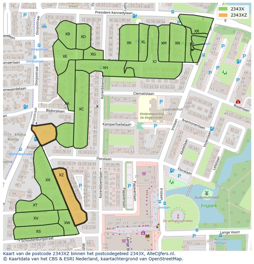 Afbeelding van het postcodegebied 2343 XZ op de kaart.