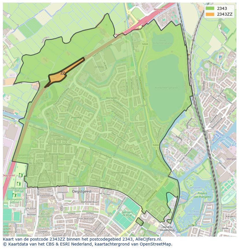 Afbeelding van het postcodegebied 2343 ZZ op de kaart.