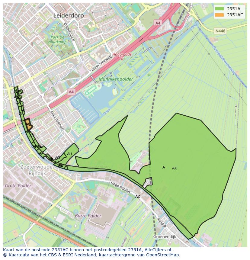 Afbeelding van het postcodegebied 2351 AC op de kaart.