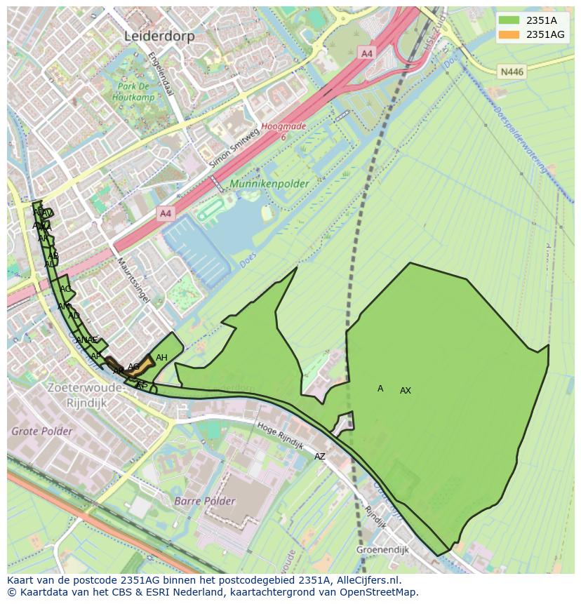 Afbeelding van het postcodegebied 2351 AG op de kaart.